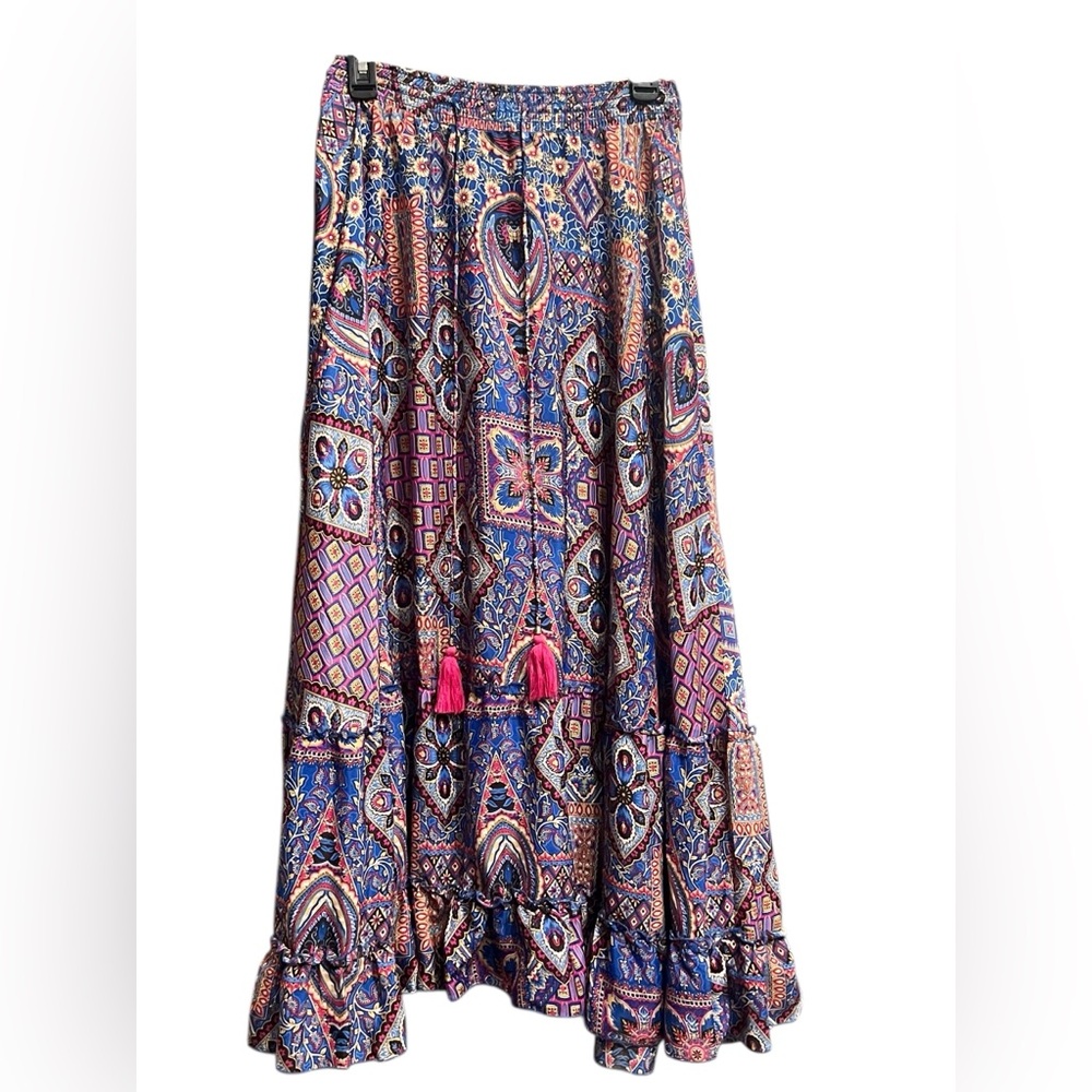 Chelsea & Theodore Vibrant Patterned Maxi Skirt with Ruffle bottom hem